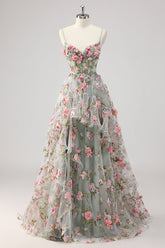 A Linie Graugrünes Perlenbesetztes Korsett Langes Ballkleid mit 3D-Blumen